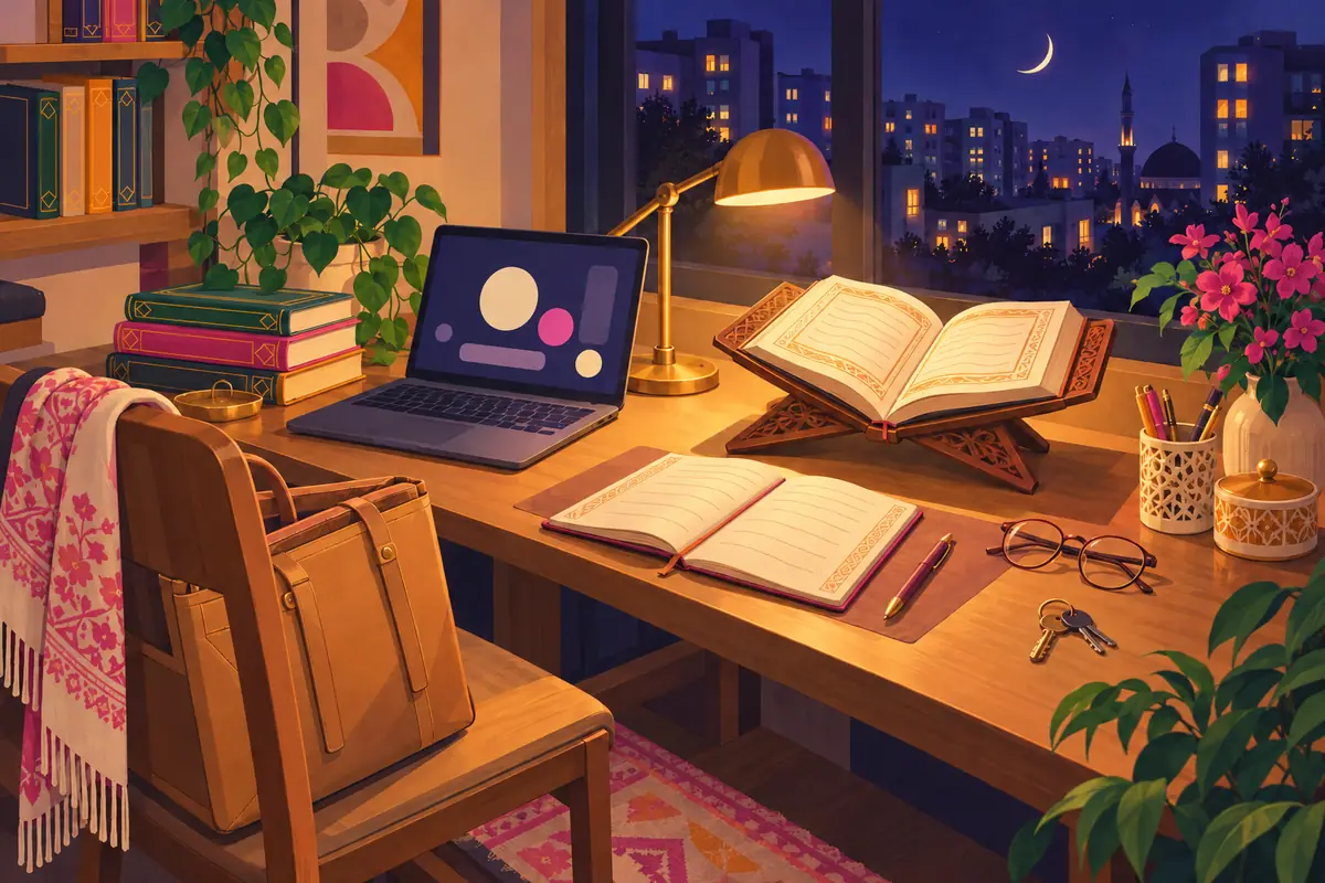 Illustration of an evening study corner after work, with a laptop, an open Quran on a wooden stand, a notebook, reading glasses and a work bag set aside on the chair.