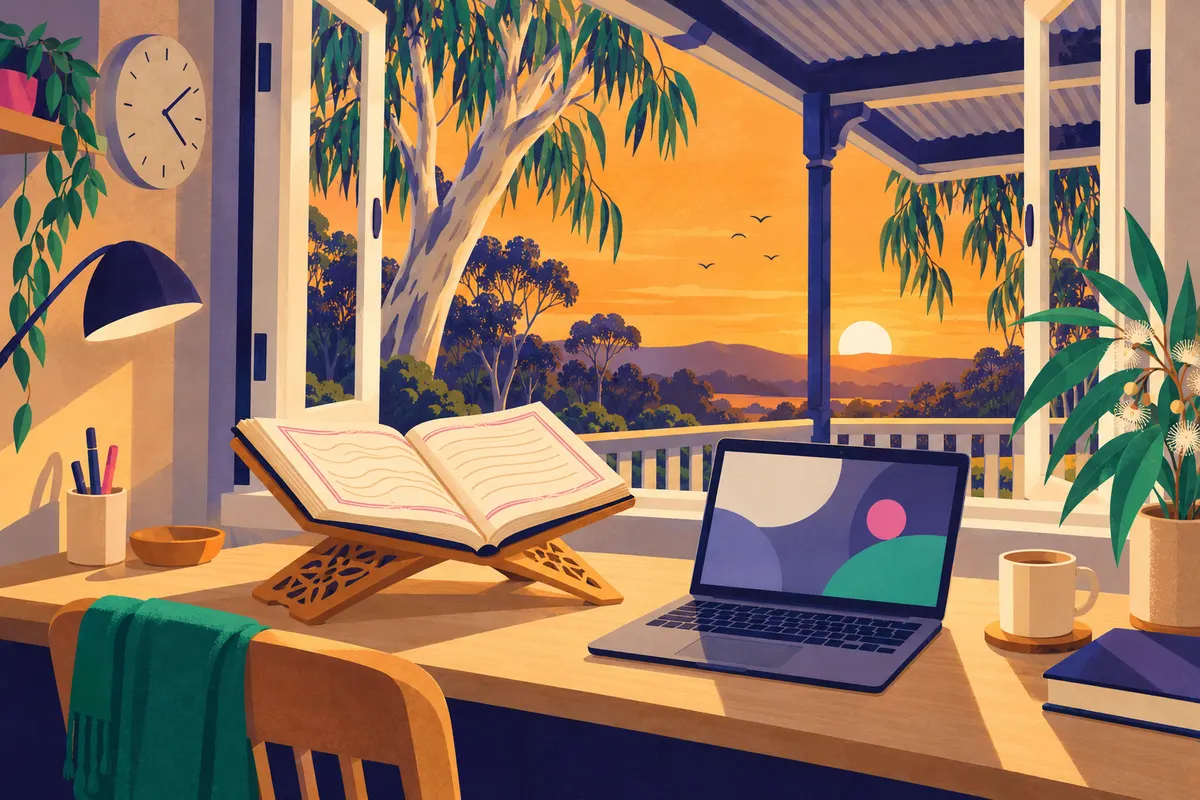 Illustration of a sunlit study desk at late-afternoon sunset, with gum trees and a veranda through open windows, an open Quran on a wooden stand and a laptop.