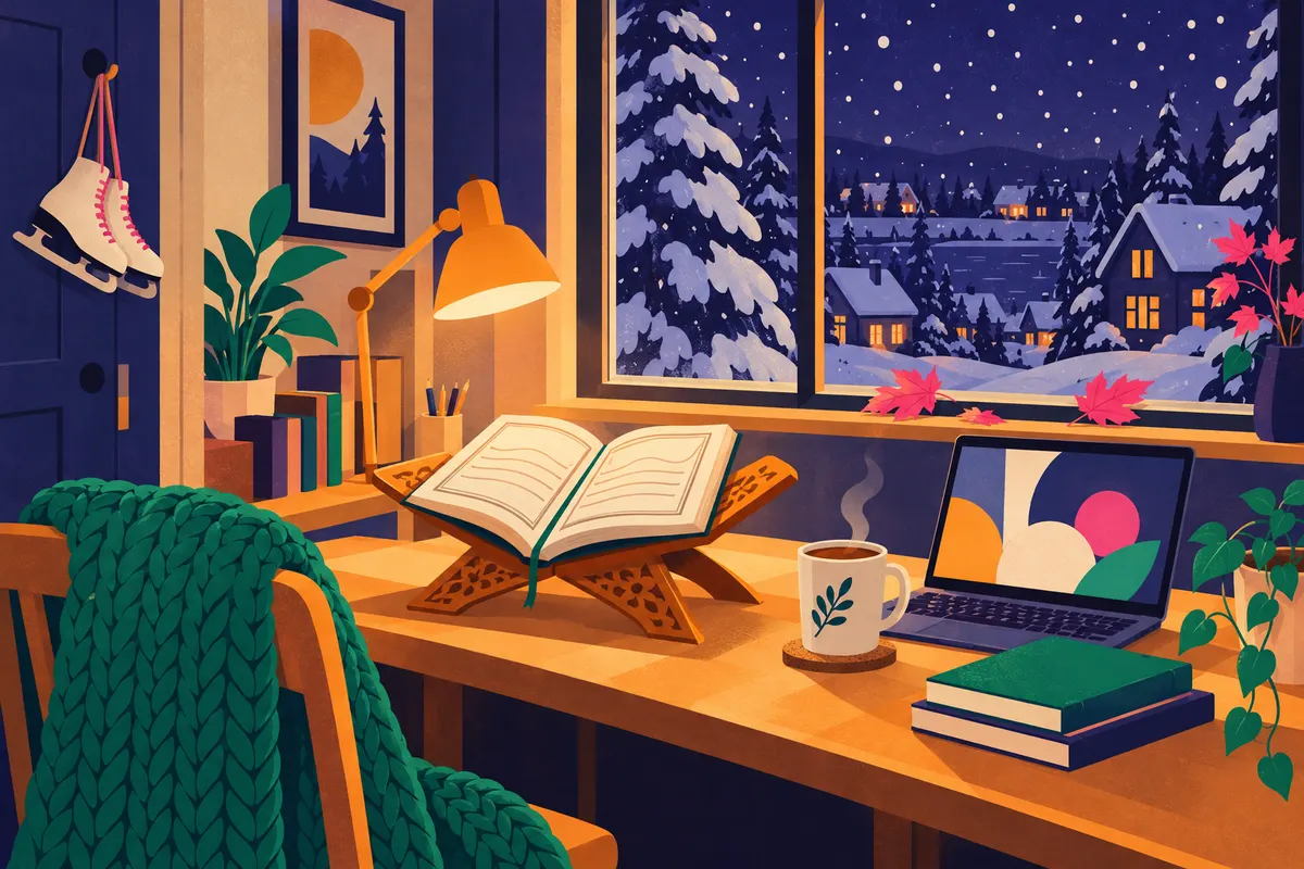 Illustration of a cosy study corner on a snowy Canadian evening, with an open Quran on a wooden stand, a laptop and ice skates hanging by the door.