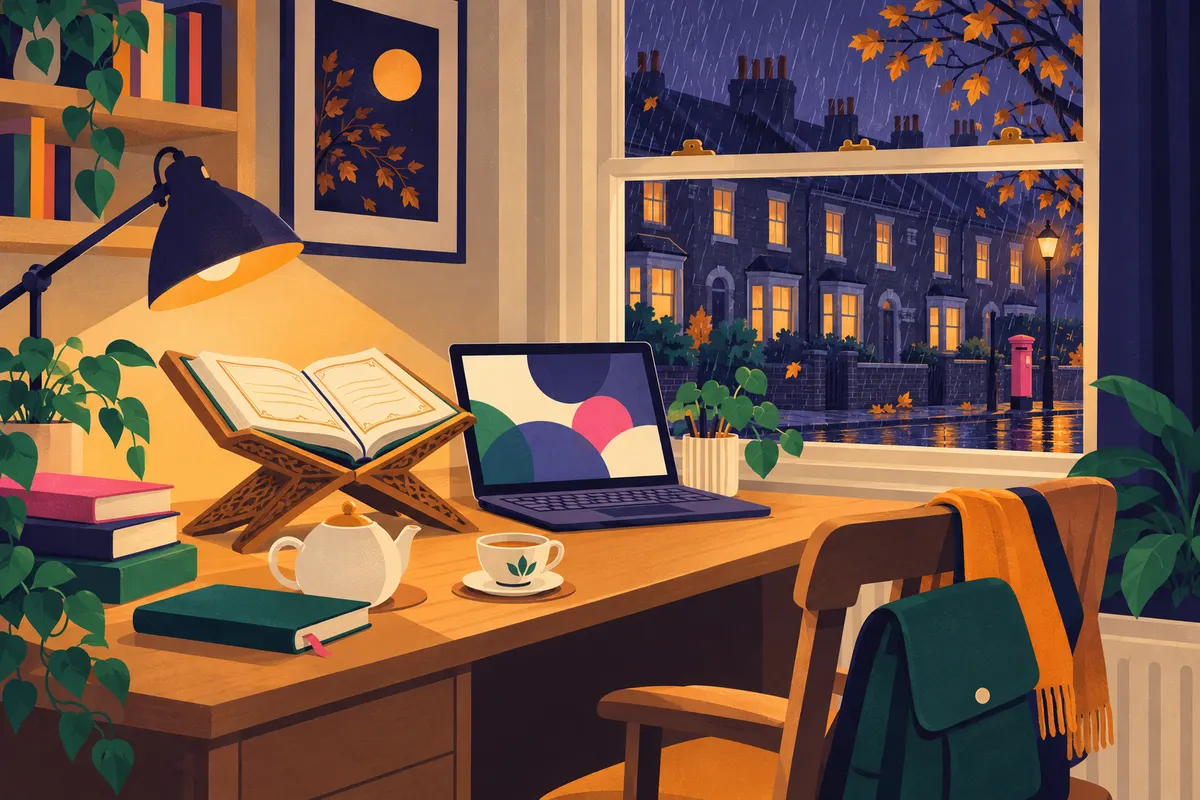 Illustration of a study corner on a rainy autumn evening, with brick terraced houses through a sash window, an open Quran on a wooden stand, a laptop and a teapot.