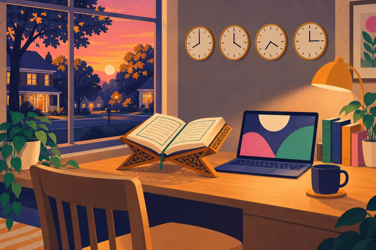 Illustration of a home study corner in an American house at dusk, with an open Quran on a wooden stand, a laptop and four wall clocks.