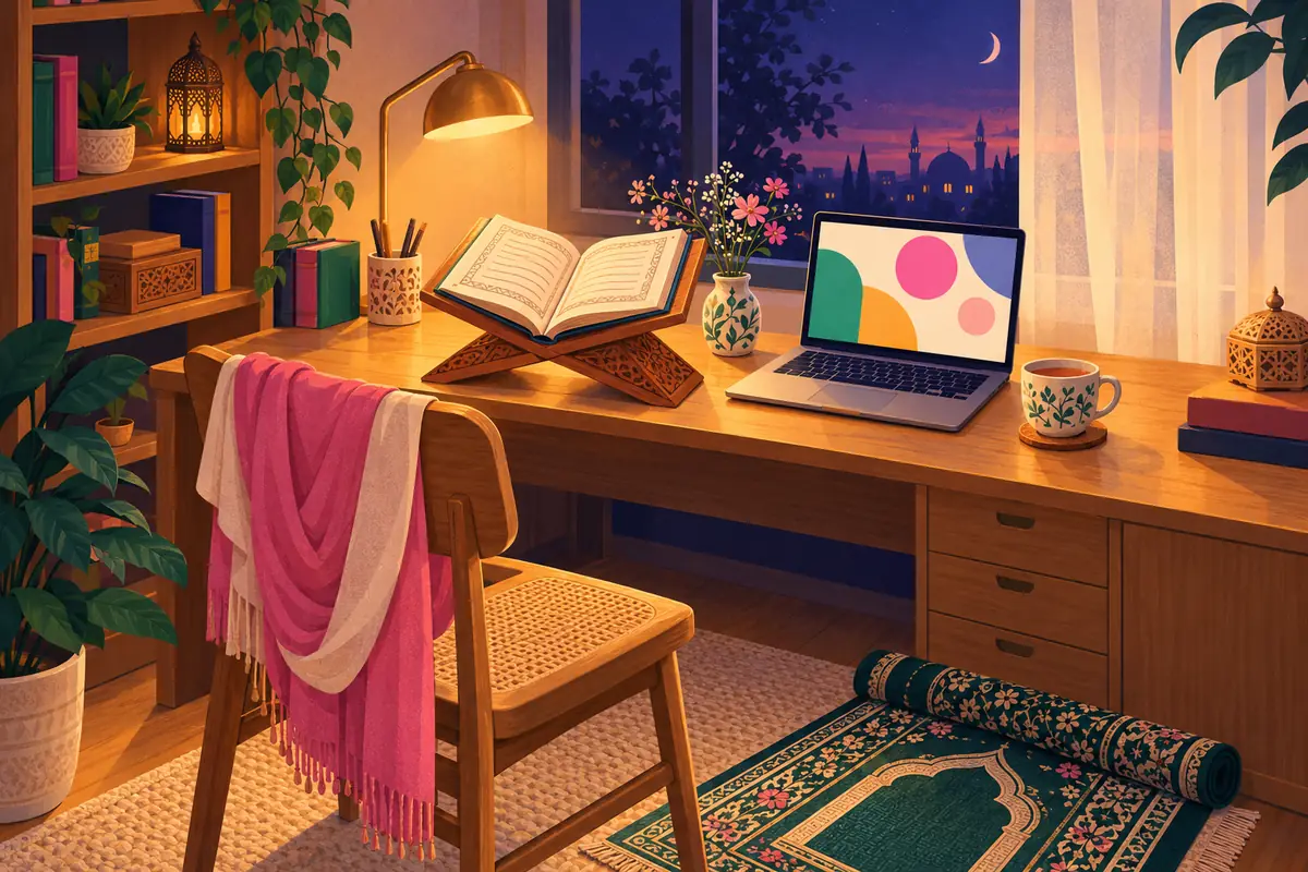 Illustration of a quiet study corner at dusk, with an open Quran on a carved wooden stand, a laptop, a cup of tea and a rose-pink scarf folded over the chair.