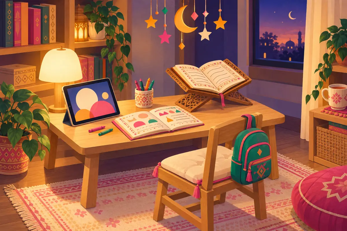 Illustration of a child's study nook in the early evening, with a small desk, a tablet, a colourful alphabet workbook, crayons and an open Quran on a little wooden stand.