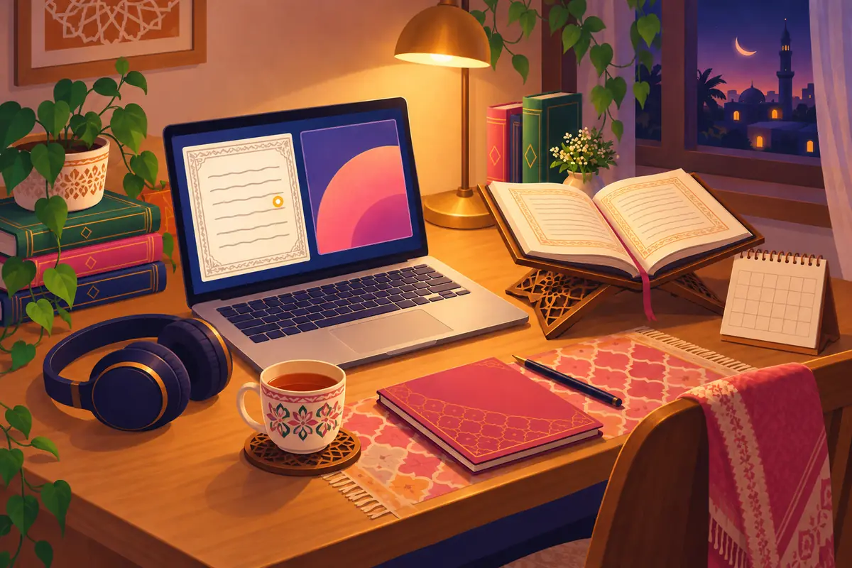 Illustration of a one-to-one online lesson set-up: a laptop showing a Quran page with a glowing pointer, headphones, a single cup and an open Quran on a wooden stand.