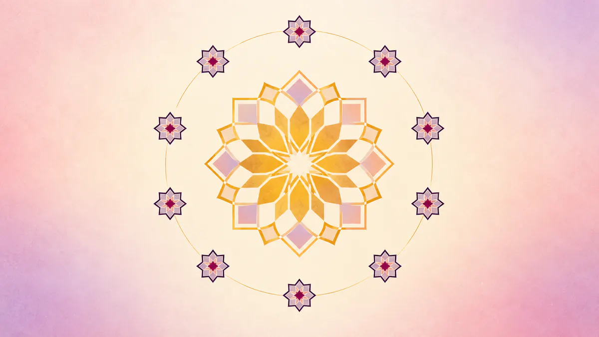 Abstract Islamic geometric pattern in rose, plum and gold: ten tiny stars ringing a calm gold rosette.
