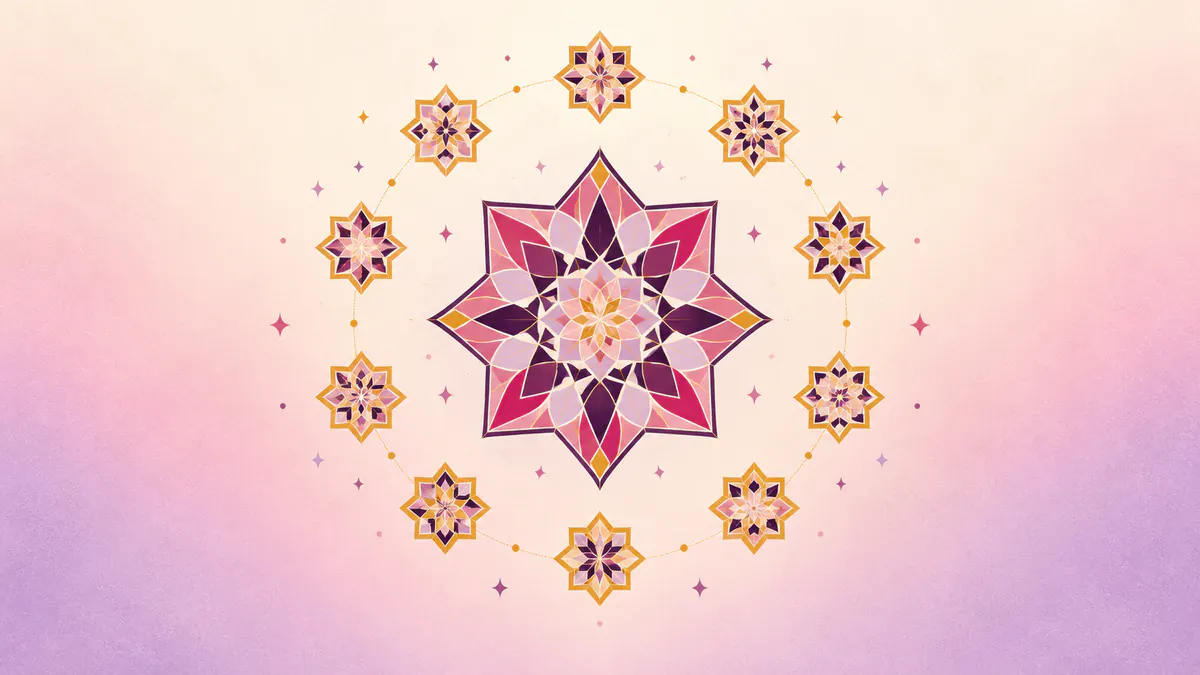 Abstract Islamic geometric pattern in rose, plum and gold: a ring of gold star tiles around a large eight-point star.