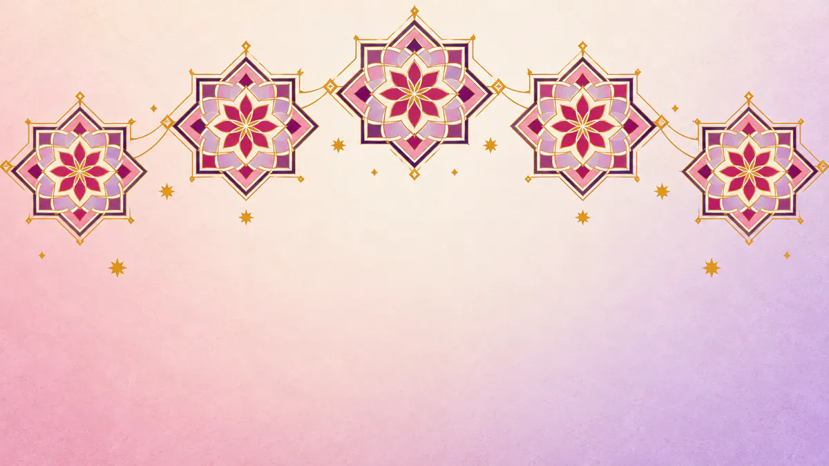 Abstract Islamic geometric pattern in rose, plum and gold: an arc of five interlaced star medallions linked by thin gold lines.