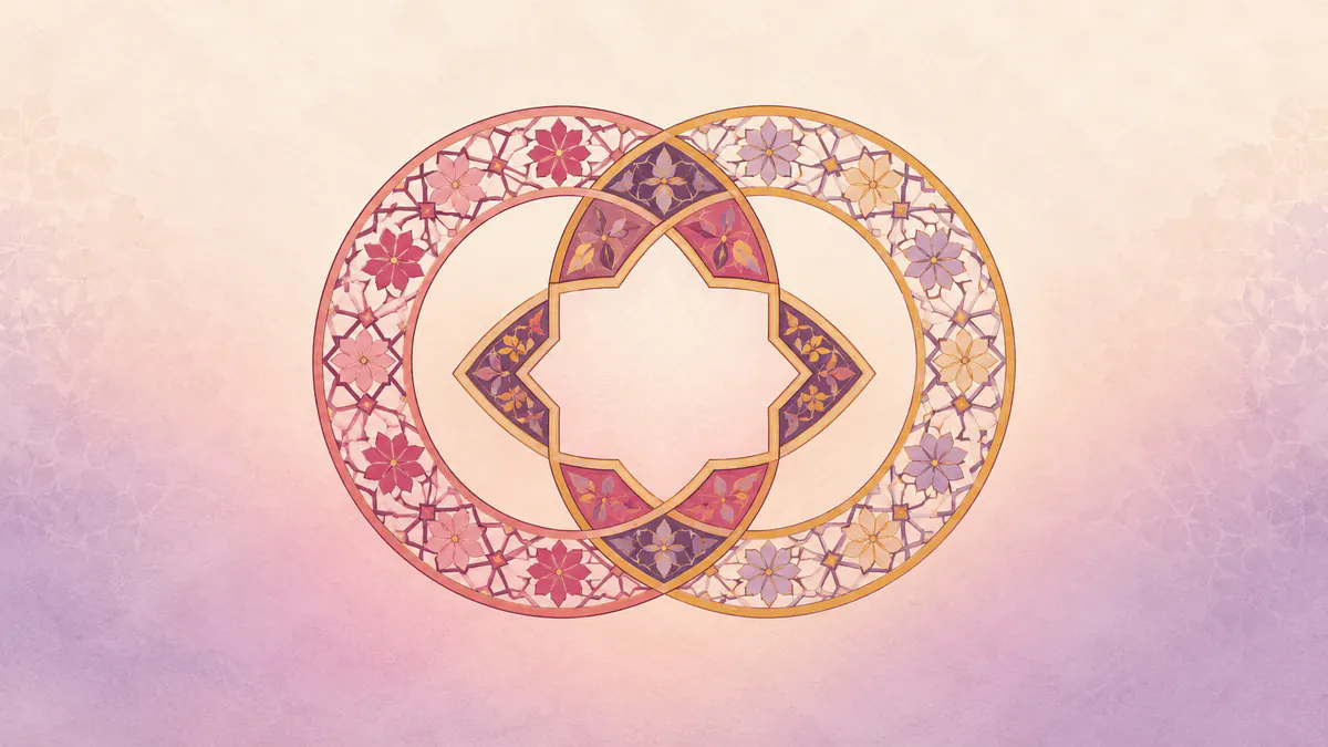 Abstract Islamic geometric pattern in rose, plum and gold: two interlaced rings forming a single eight-point star in rose and gold.