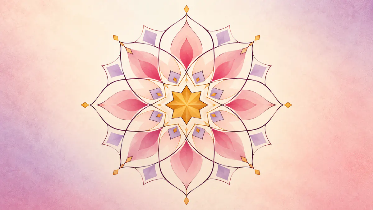 Abstract Islamic geometric pattern in rose, plum and gold: open rosette petals radiating from a central gold star.