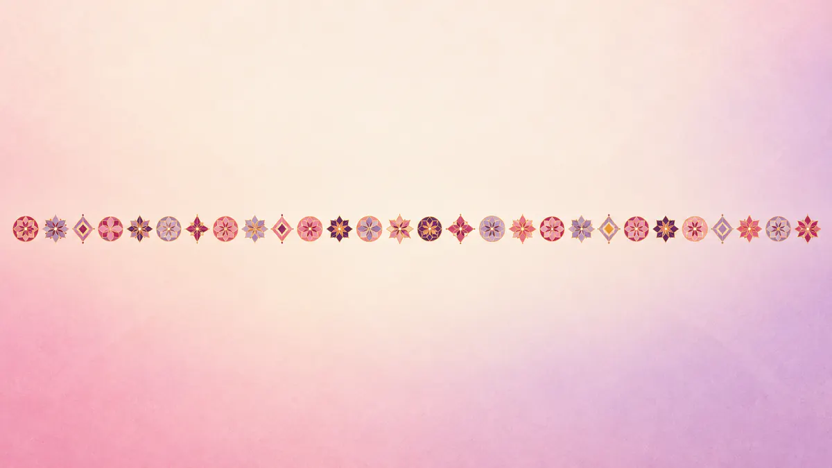 Abstract Islamic geometric pattern in rose, plum and gold: a neat row of distinct geometric tiles in rose, lavender and gold.