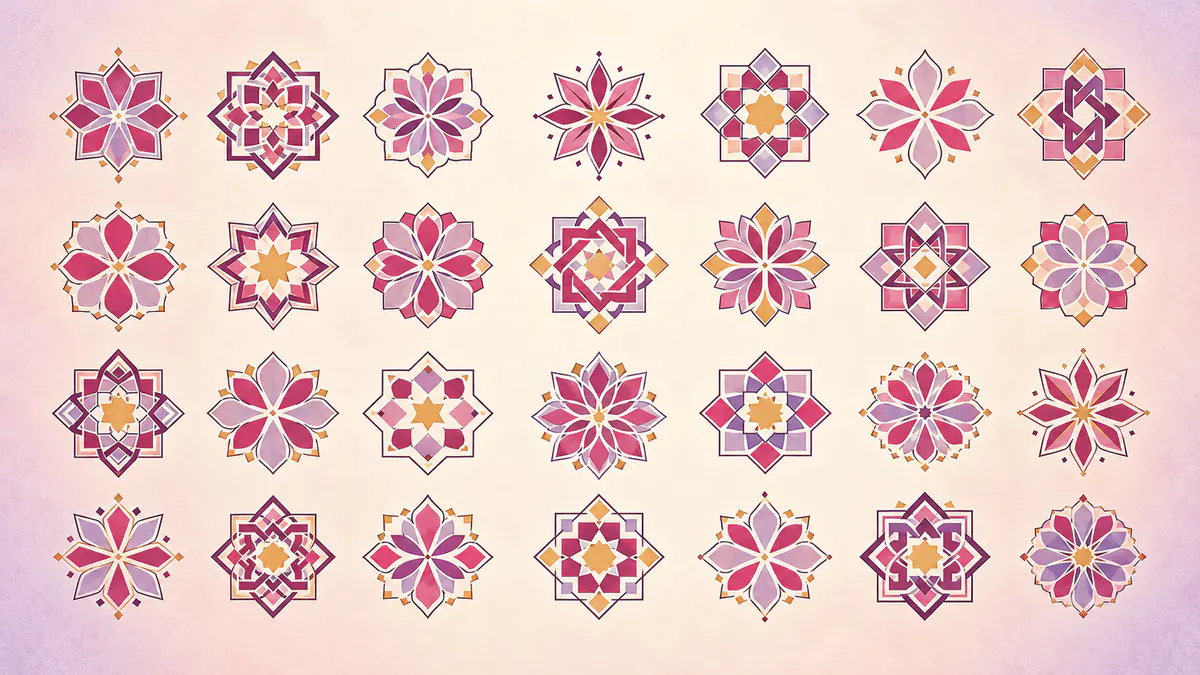 Abstract Islamic geometric pattern in rose, plum and gold: a sampler grid of small star and rosette tiles in rose, plum and gold.