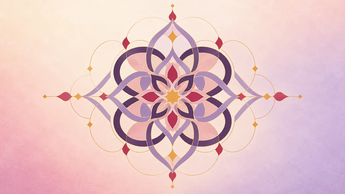 Abstract Islamic geometric pattern in rose, plum and gold: rounded arabesque-like curves woven into a central star.