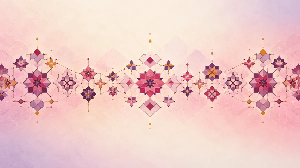 Abstract Islamic geometric pattern in rose, plum and gold: repeated star motifs linked by thin gold lines between highlighted nodes.