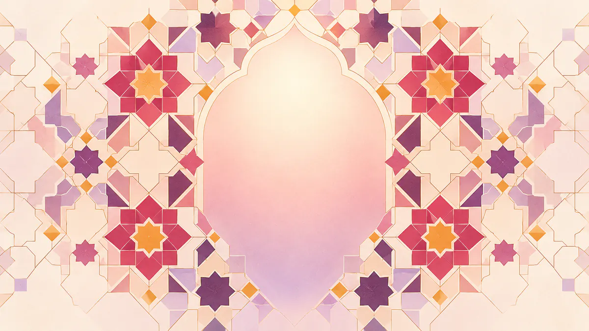 Abstract Islamic geometric pattern in rose, plum and gold: an eight-point star tessellation opening onto a glowing arched window.
