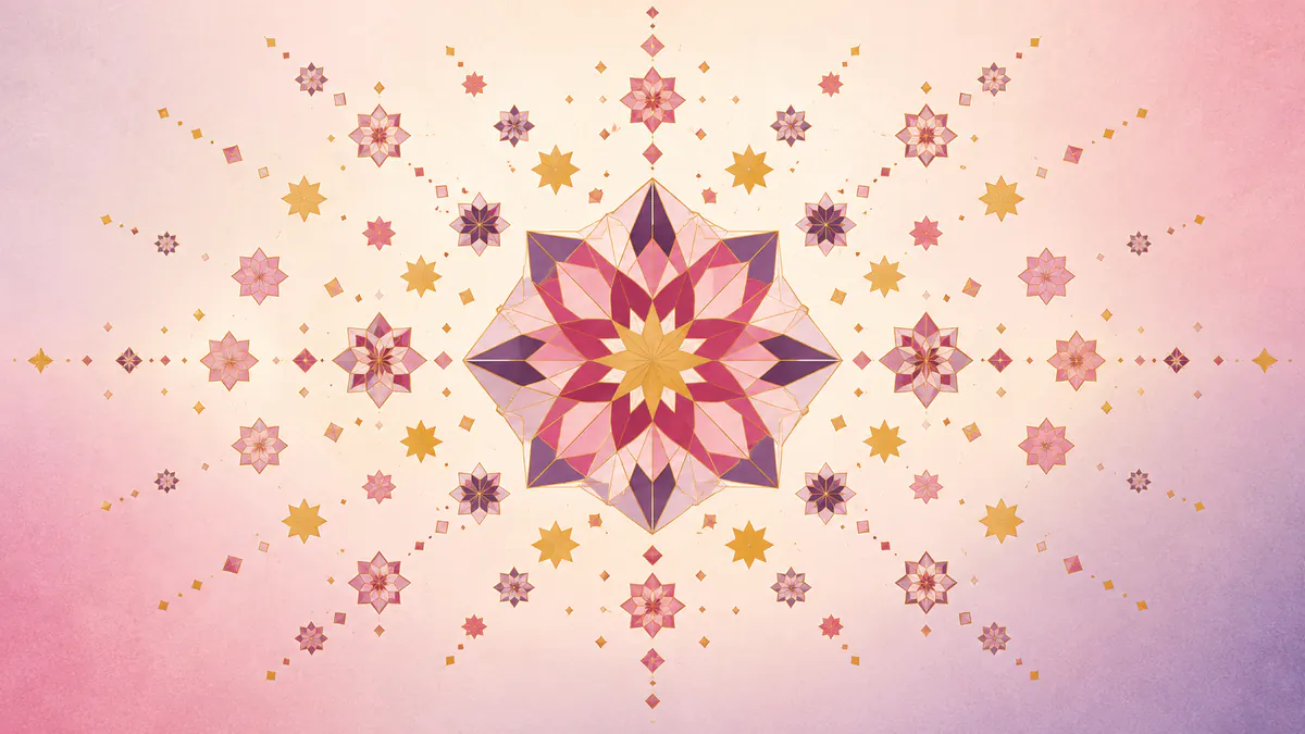 Abstract Islamic geometric pattern in rose, plum and gold: a star medallion with smaller stars flowing outward from it.