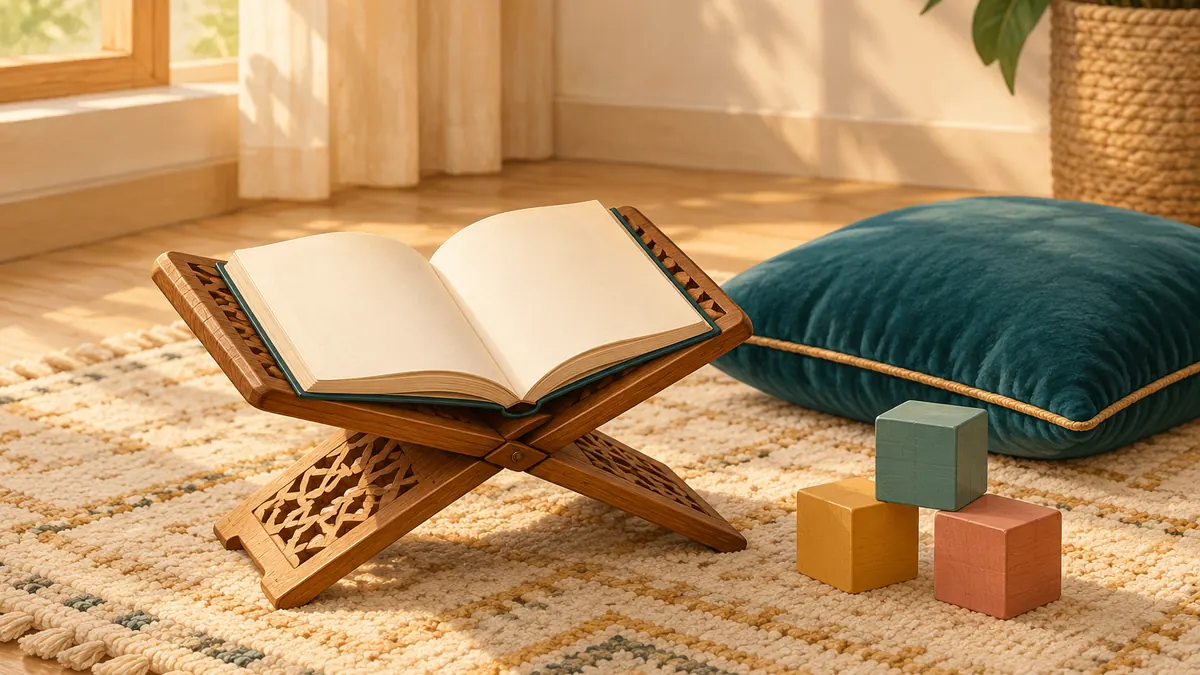 A child-sized wooden book stand with a small open primer, plain wooden blocks and a floor cushion in a bright room.