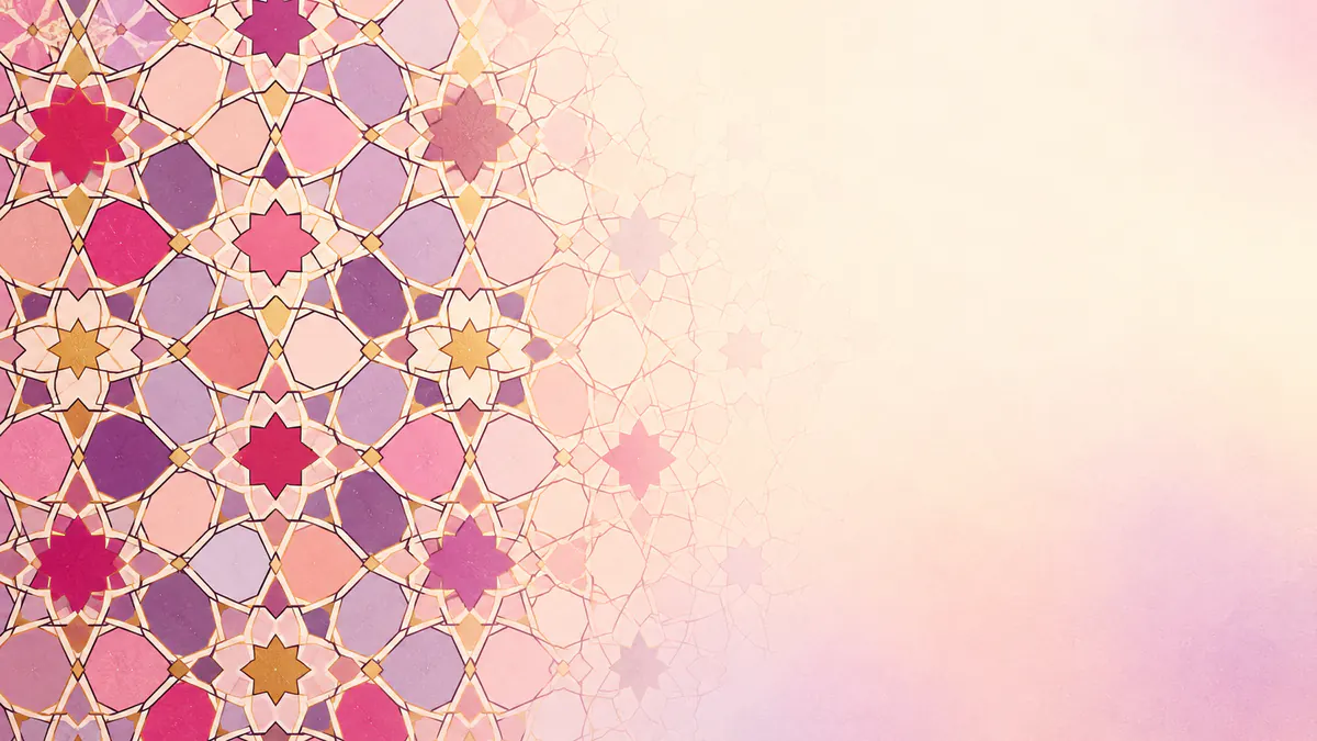 Abstract Islamic geometric pattern in rose, plum and gold: an interlaced star lattice fading from dense to open space, with gold accents.
