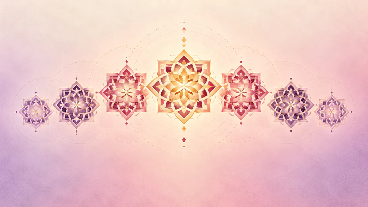 Abstract Islamic geometric pattern in rose, plum and gold: seven star medallions fanned in an arc with resonant rings behind.