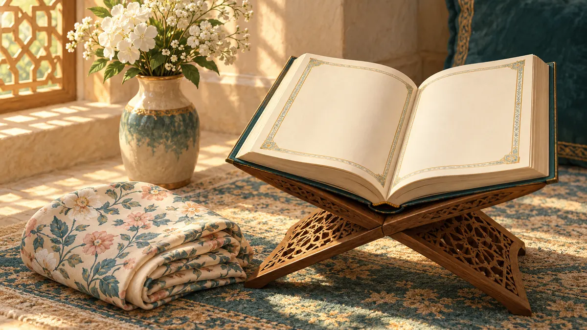 A folded floral headscarf beside an open Quran on a wooden stand and a vase of white flowers.