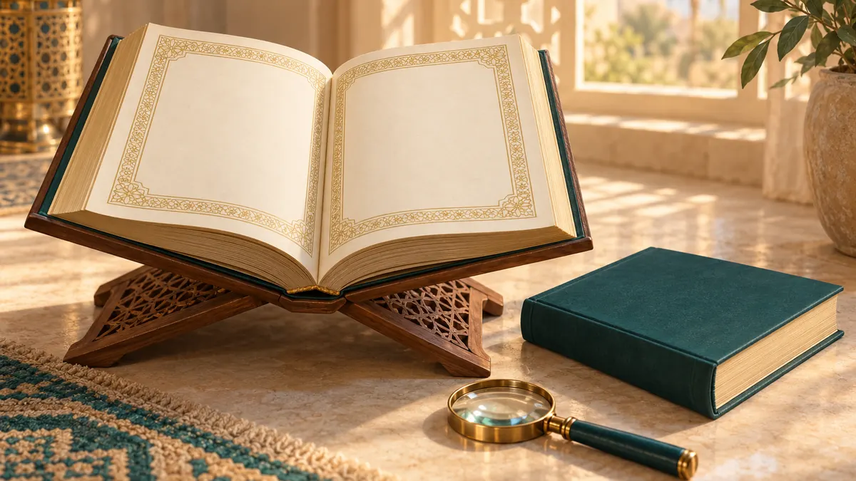 An open Quran on a stand beside a closed translation volume and a magnifying glass.