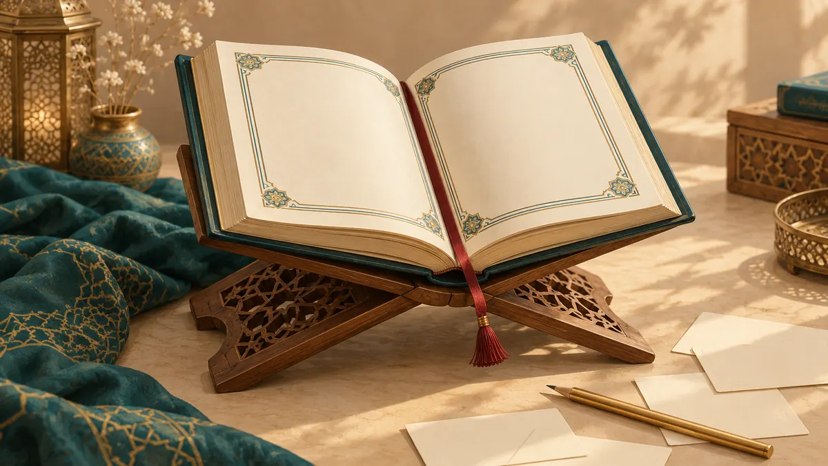 An open Quran on a stand with a red ribbon, a gold pencil and blank index cards.