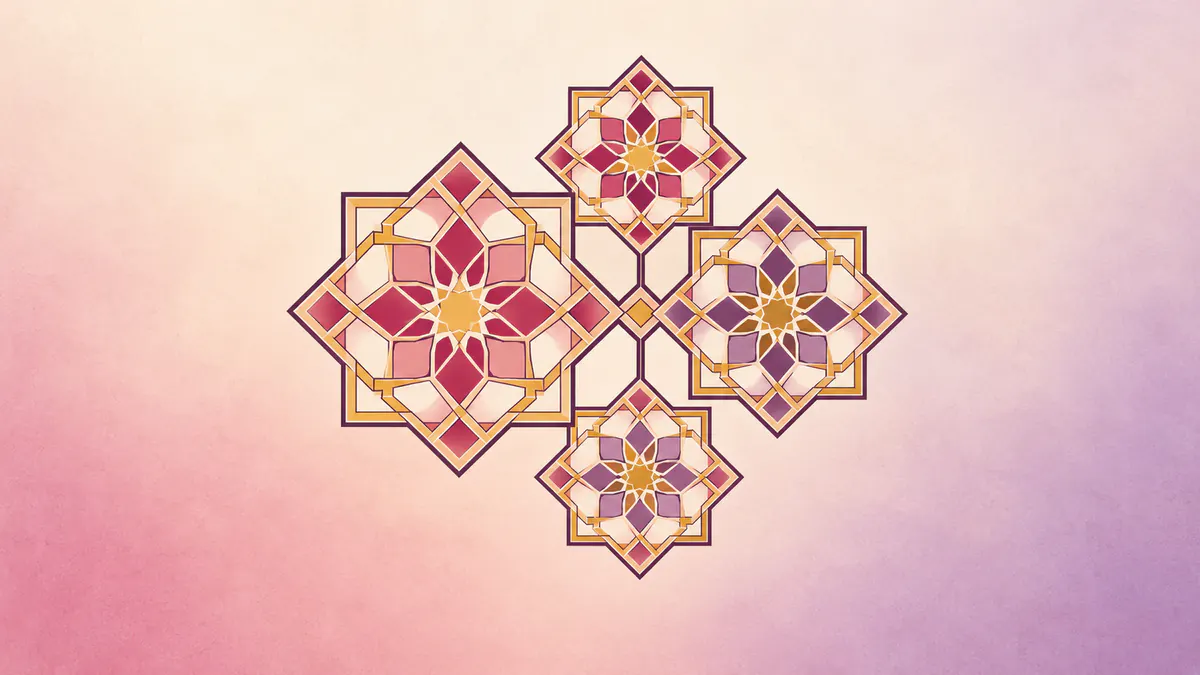 Abstract Islamic geometric pattern in rose, plum and gold: four interlaced star medallions joined at their points.