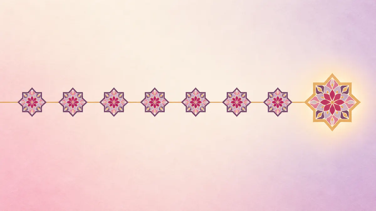 Abstract Islamic geometric pattern in rose, plum and gold: a row of star tiles linked by a gold line to a larger glowing star.