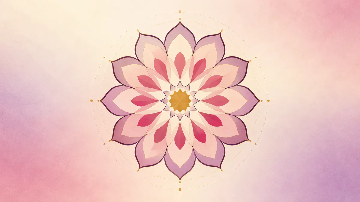 Abstract Islamic geometric pattern in rose, plum and gold: a twelve-petal geometric bloom with a small gold star at its heart.