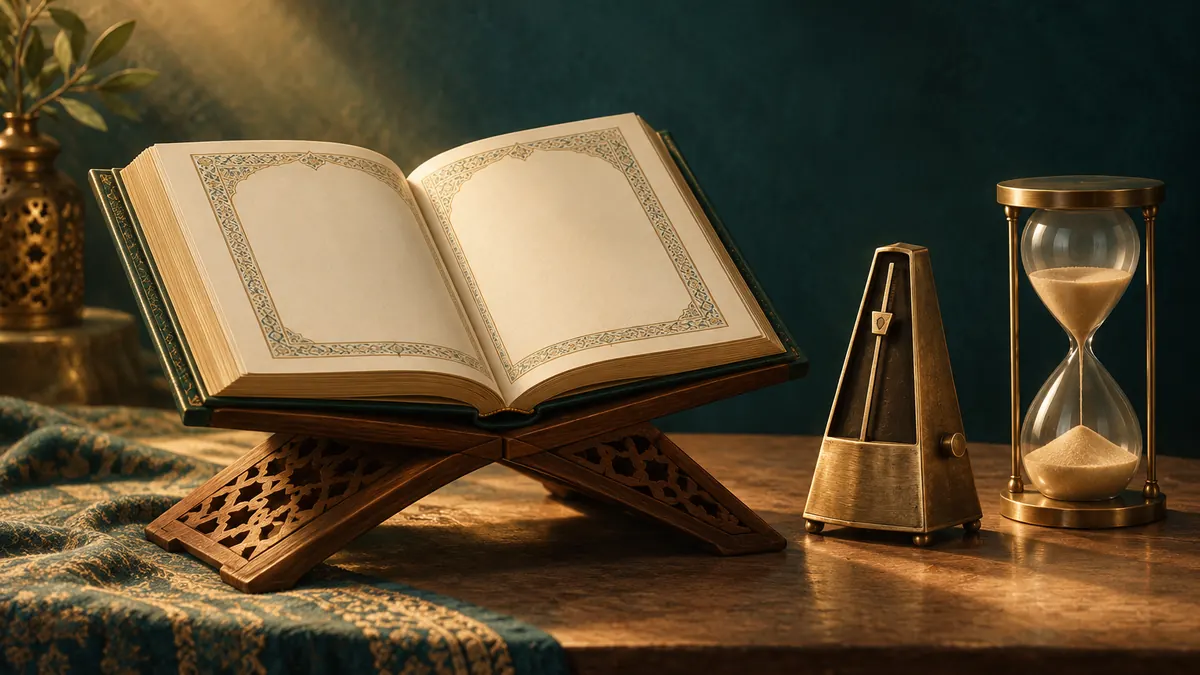An open Quran on a wooden stand beside a brass metronome and an hourglass.