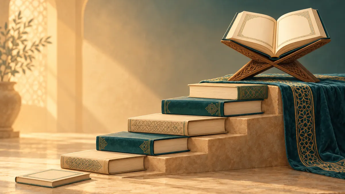A stack of books rising like steps from a small primer to an open Quran on a stand.