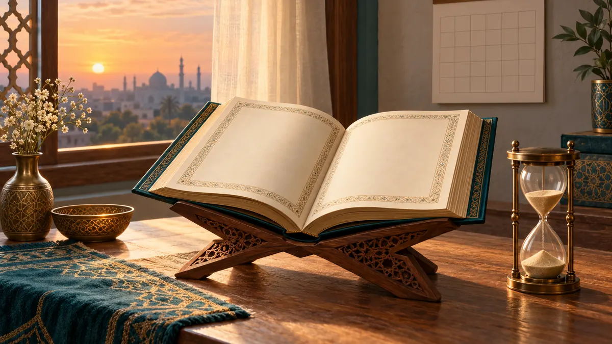 An open Quran on a wooden stand beside an hourglass and a blank calendar in soft dawn light.