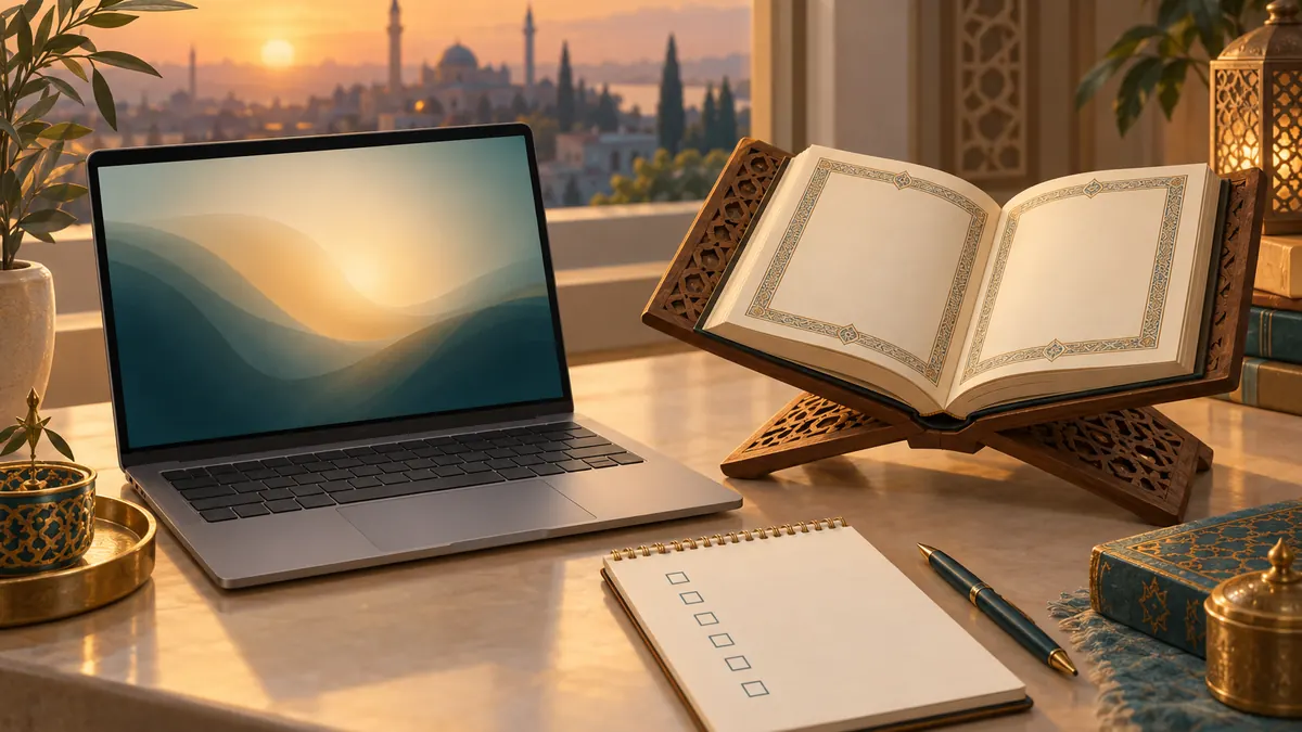 A laptop beside an open Quran on a stand and a notepad with blank checkboxes on a tidy desk.