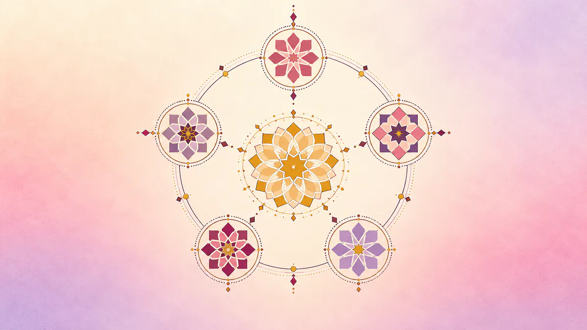 Abstract Islamic geometric pattern in rose, plum and gold: five small medallions circling a gold central rosette like a daily cycle.