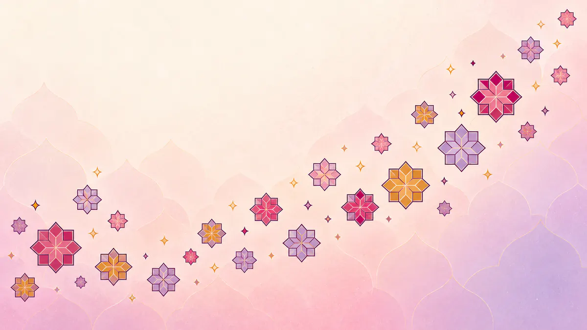 Abstract Islamic geometric pattern in rose, plum and gold: playful star tiles in rose, gold and lavender climbing upward.
