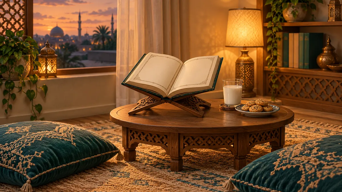 Two floor cushions by a low table with a small open Quran on a stand and an evening snack.