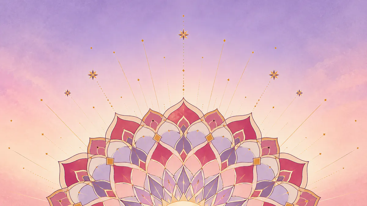 Abstract Islamic geometric pattern in rose, plum and gold: a half rosette rising like dawn with fine gold rays.