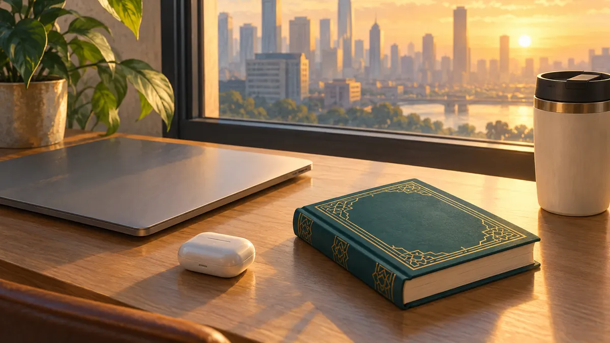 A pocket-size Quran beside earbuds, a travel mug and a closed laptop in early morning light.