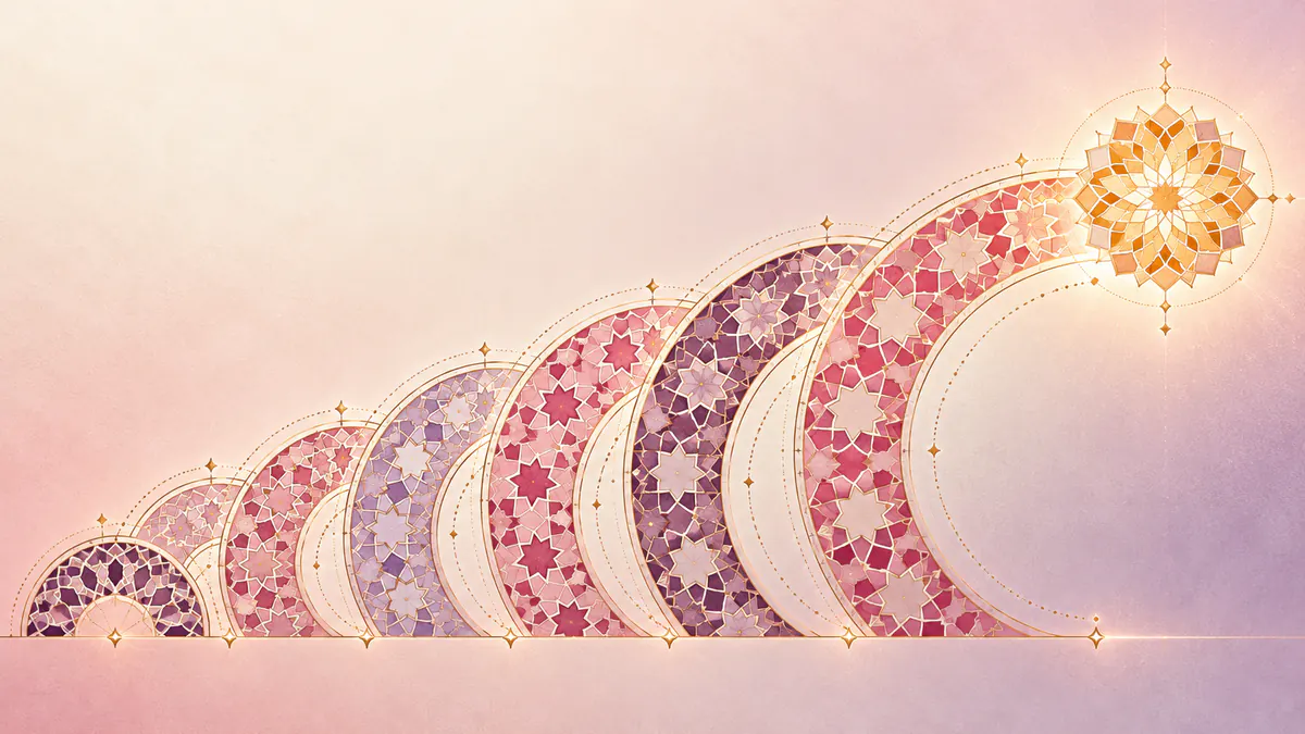 Abstract Islamic geometric pattern in rose, plum and gold: six stepped half-ring bands rising to a glowing gold rosette.