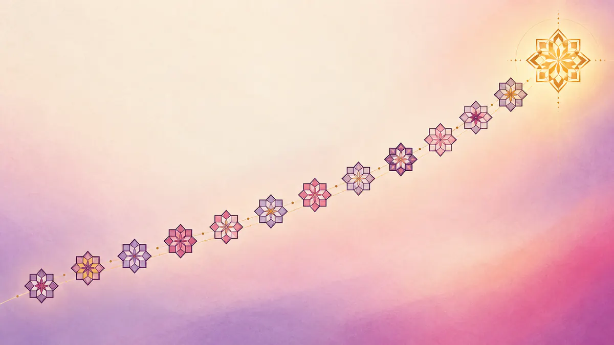 Abstract Islamic geometric pattern in rose, plum and gold: small star tiles climbing in an arc toward a glowing gold rosette.