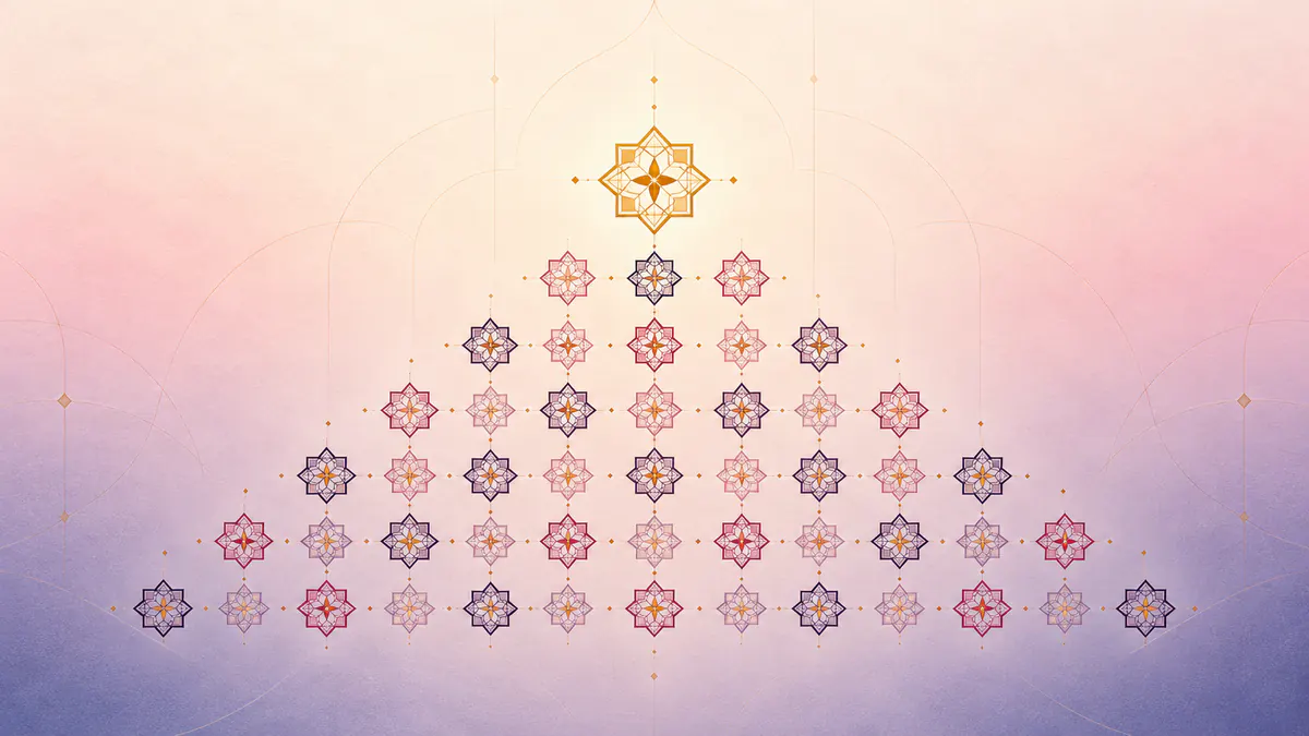 Abstract Islamic geometric pattern in rose, plum and gold: rows of small stars led by one larger gold star on a lavender night ground.