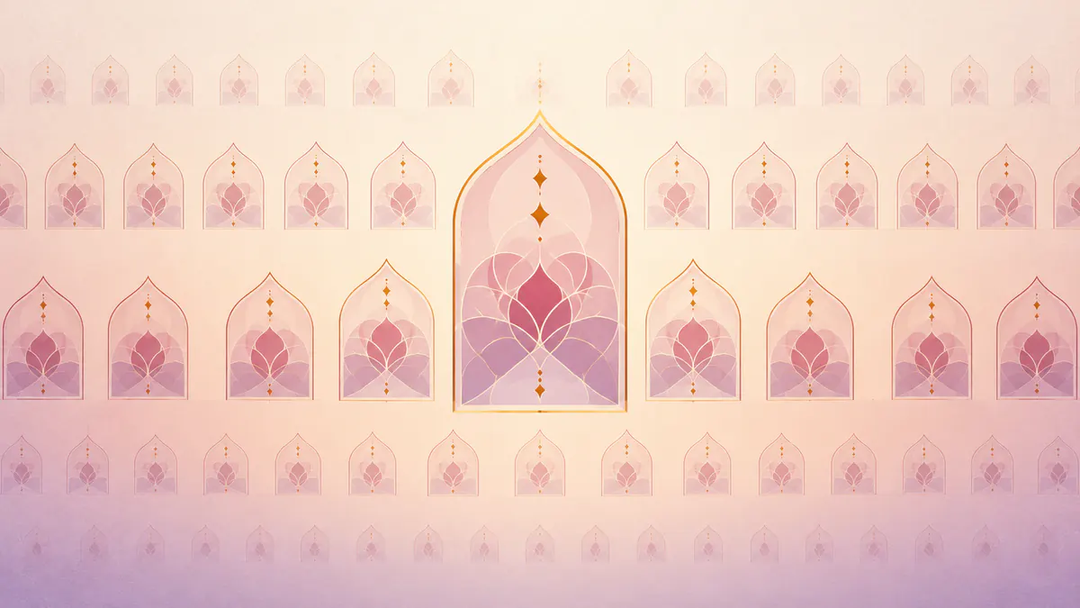 Abstract Islamic geometric pattern in rose, plum and gold: even rows of pointed-arch niches with a larger gold-edged niche at the centre.