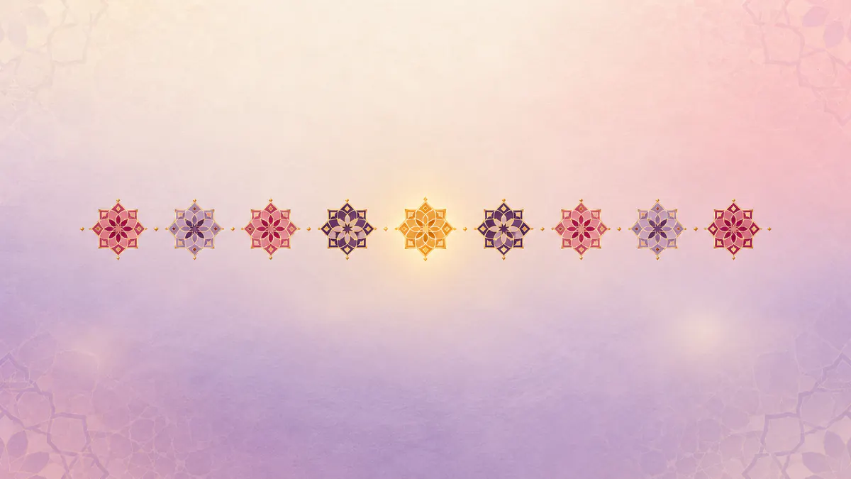 Abstract Islamic geometric pattern in rose, plum and gold: a line of star tiles with a glowing gold marker star moving along it.