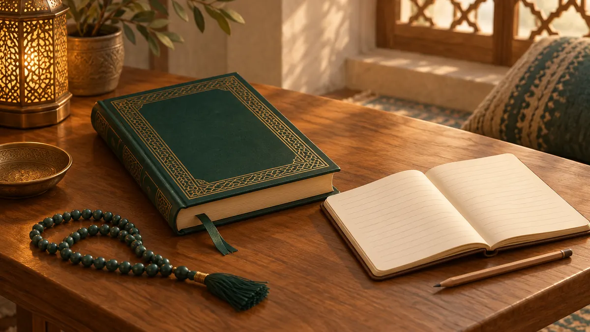 A closed Quran with a ribbon bookmark beside a blank revision notebook and prayer beads under warm lamplight.