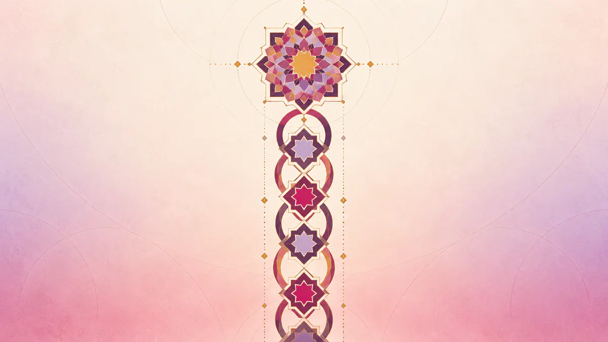 Abstract Islamic geometric pattern in rose, plum and gold: a chain of interlocked rings and stars rising to a golden seal-like rosette.
