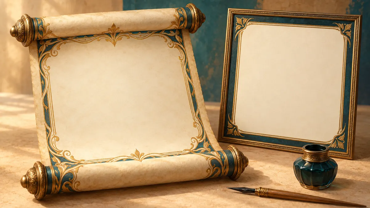 A decorated blank parchment scroll beside a plain framed certificate and a reed pen with an inkwell.