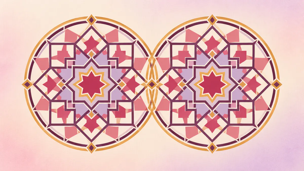 Abstract Islamic geometric pattern in rose, plum and gold: two geometric roundels of interlaced stars joined by a gold ring.