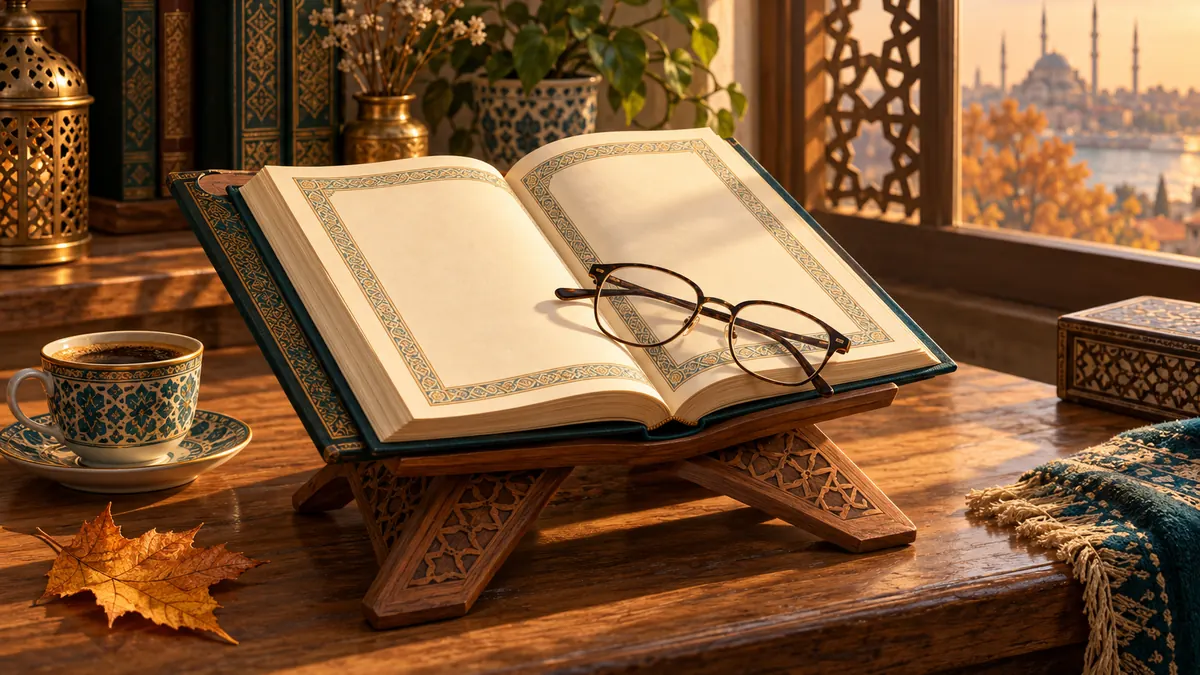 Reading glasses resting on an open Quran beside a cup of coffee and an autumn leaf.