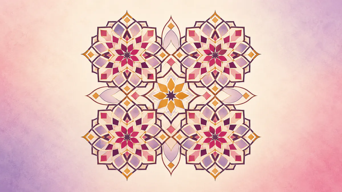 Abstract Islamic geometric pattern in rose, plum and gold: four corner medallions bound by a gold star at the centre.