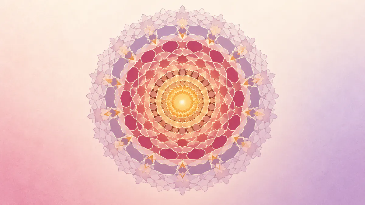 Abstract Islamic geometric pattern in rose, plum and gold: growth-ring bands of star lattice around a bright gold centre.