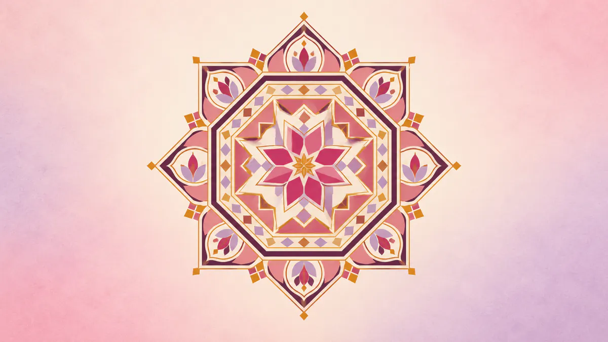 Abstract Islamic geometric pattern in rose, plum and gold: a medallion of concentric octagons and stars ringed by small arches.